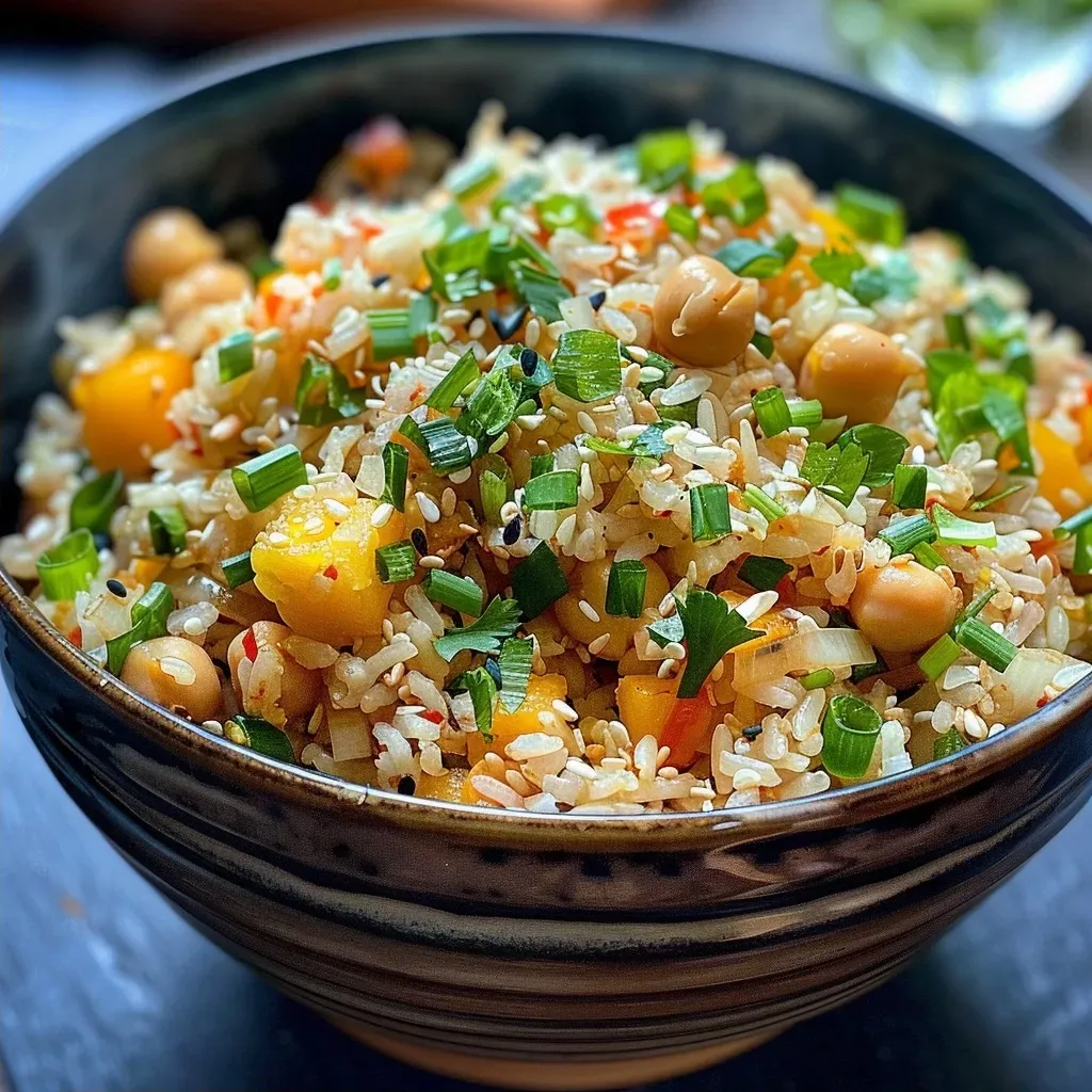Close-up de um prato de manga com arroz e legumes.