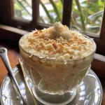 ['Manjar branco com calda de ameixa em um prato.', 'Close de uma porção de manjar branco com cobertura de ameixa.', 'Manjar branco decorado com calda de ameixa em um fundo neutro.', 'Detalhe do manjar branco servido com calda de ameixa.']
