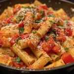 ['Prato de massa com pimentão vermelho assado e molho cremoso.', 'Espaguete com pimentões vermelhos assados e queijo parmesão por cima.', 'Close de rigatoni envolto em molho de pimentão vermelho cremoso.', 'Massa com pimentão assado e temperos frescos no prato.']
