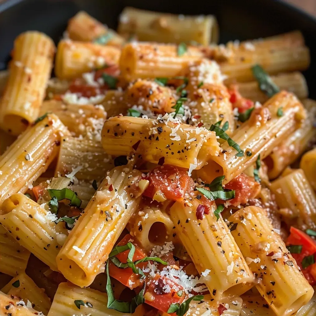 ['Prato de massa com pimentão vermelho assado e molho cremoso.', 'Espaguete com pimentões vermelhos assados e queijo parmesão por cima.', 'Close de rigatoni envolto em molho de pimentão vermelho cremoso.', 'Massa com pimentão assado e temperos frescos no prato.']