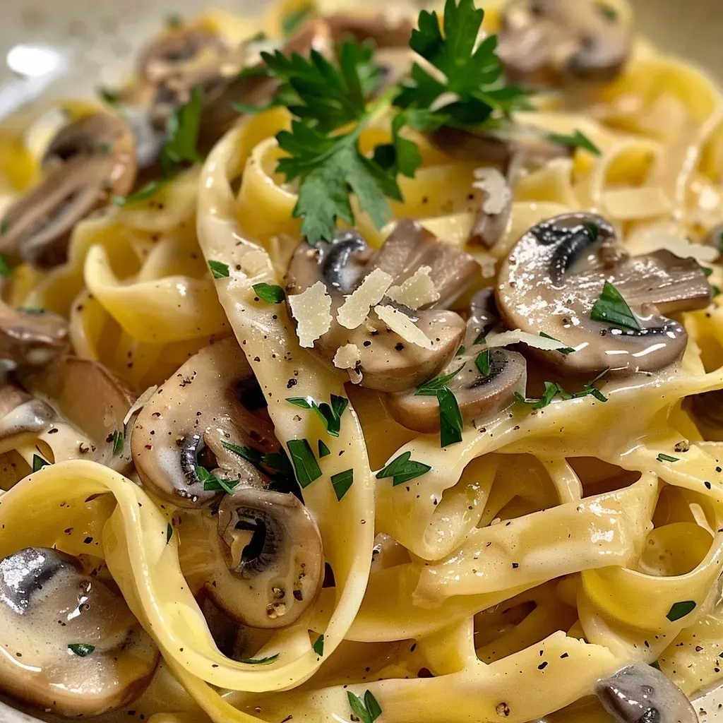 ['Prato de massa cremosa com cogumelos em close.', 'Fettuccine coberto com molho cremoso e cogumelos.', 'Detalhe de um prato de massa com cogumelos frescos.', 'Fettuccine cremoso servido com ervas e cogumelos.']