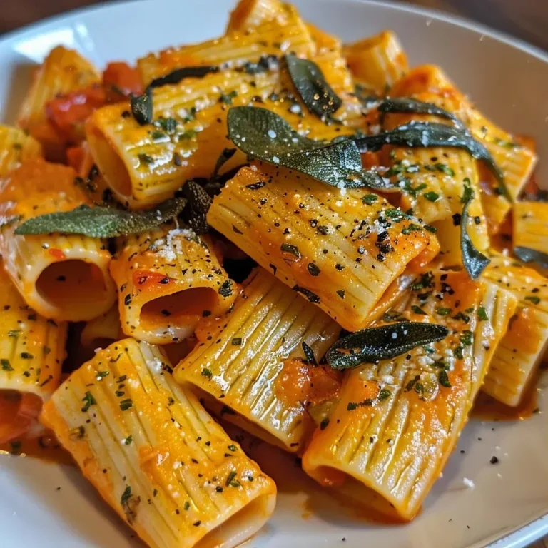 ['Massa de abóbora com sálvia crocante em um prato.', 'Close-up de rigatoni com molho de abóbora e folhas de sálvia.', 'Prato saboroso de massa de abóbora com alho e sálvia.', 'Rigatoni com purê de abóbora e sálvia crocante em destaque.']