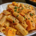 ['Massa de batata doce cremosa com molho aveludado.', 'Close up de prato de penne com batata doce e molho.', 'Prato de rigatoni com batata doce e ingredientes frescos.', 'Pasta cremosa de batata doce sendo servida.']