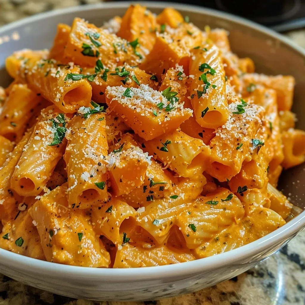 ['Massa de batata doce cremosa com molho aveludado.', 'Close up de prato de penne com batata doce e molho.', 'Prato de rigatoni com batata doce e ingredientes frescos.', 'Pasta cremosa de batata doce sendo servida.']