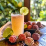 ['Mocktail de lichia com rosa em copo.', 'Bebida refrescante de lichia e rosa.', 'Close de mocktail de lichia com ingredientes decorativos.', 'Vista lateral de mocktail de lichia e rosa.']