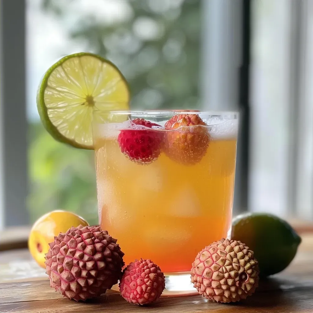 ['Mocktail de lichia com rosa em copo.', 'Bebida refrescante de lichia e rosa.', 'Close de mocktail de lichia com ingredientes decorativos.', 'Vista lateral de mocktail de lichia e rosa.']