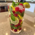 ['Close-up de um Mojito Sem Álcool com framboesas frescas.', 'Copo de Mojito Sem Álcool decorado com limão e folhas de hortelã.', 'Bebida refrescante de Mojito Sem Álcool com framboesas e Sprite.', 'Mojito Sem Álcool em uma mesa, com gelo e framboesas ao redor.']