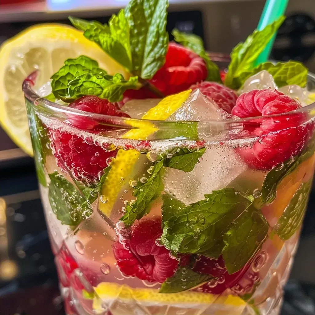 ['Close-up de um Mojito Sem Álcool com framboesas frescas.', 'Copo de Mojito Sem Álcool decorado com limão e folhas de hortelã.', 'Bebida refrescante de Mojito Sem Álcool com framboesas e Sprite.', 'Mojito Sem Álcool em uma mesa, com gelo e framboesas ao redor.']