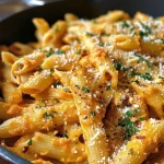 ['Prato de penne com molho de abóbora.', 'Close-up de macarrão penne ao molho de abóbora.', 'Macarrão com molho de abóbora e queijo parmesão.', 'Porção de penne coberto com molho de abóbora cremoso.']