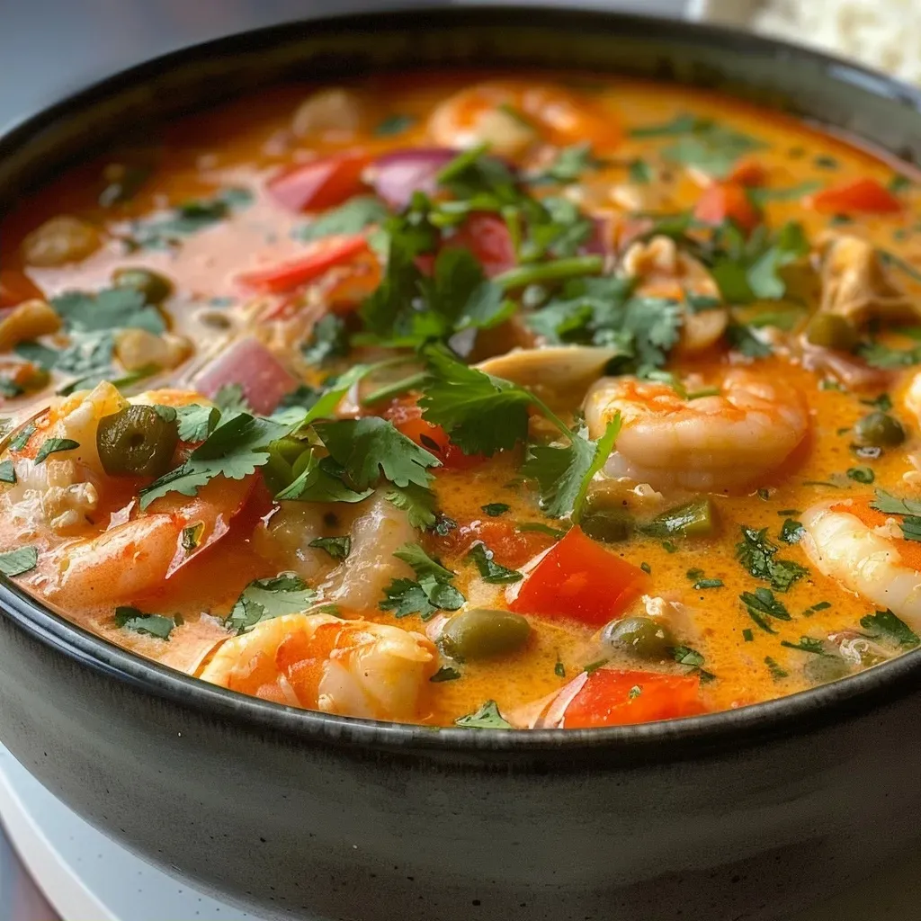 Close-up de uma moqueca de frutos do mar com ingredientes frescos.