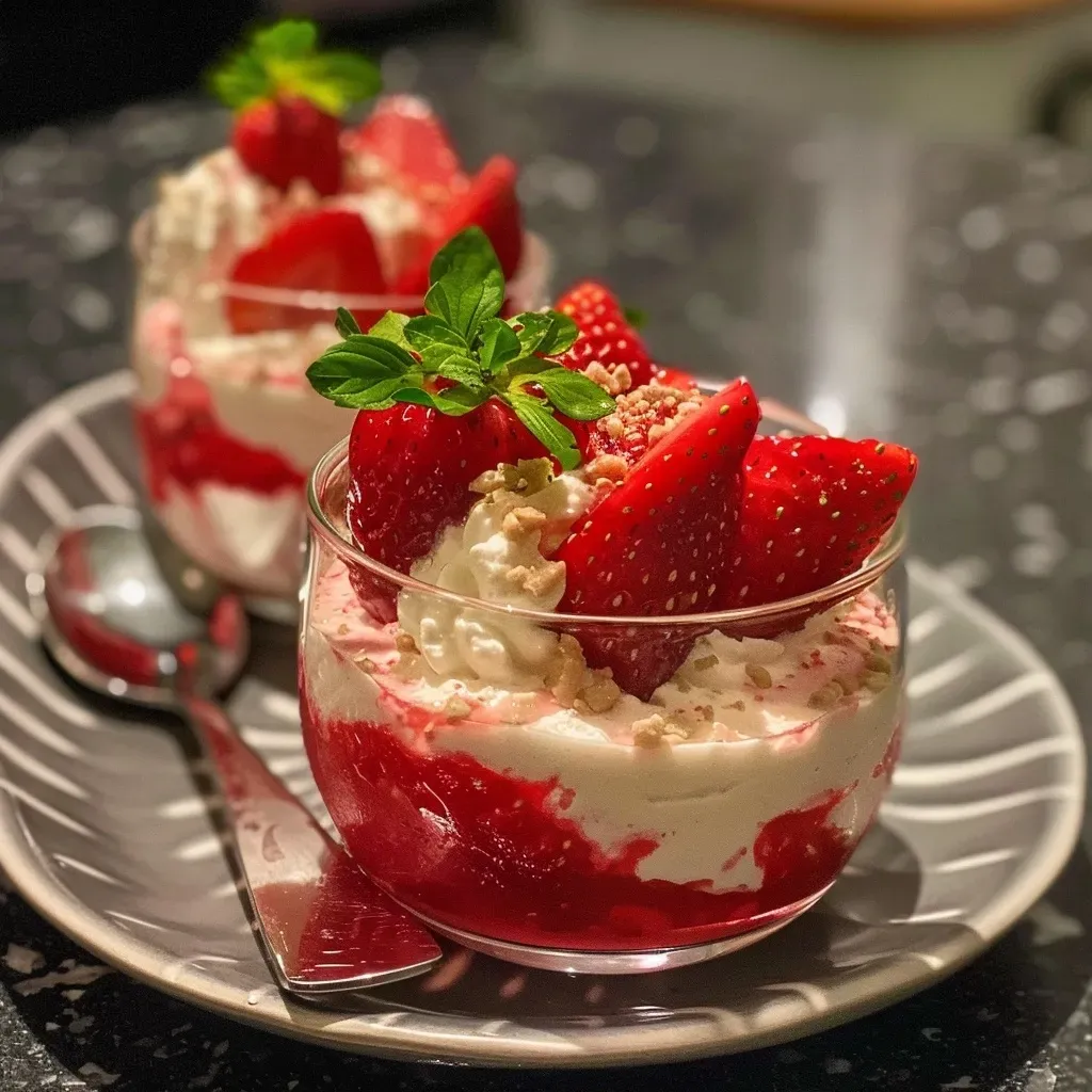 ['Mousse de ricota com morangos em um recipiente.', 'Close de mousse de ricota com morangos frescos no topo.', 'Mousse cremosa de ricota decorada com morangos.', 'Tigela de mousse de ricota com morangos em destaque.']