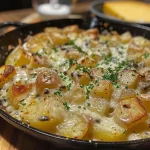 ['Nhoque cremoso ao molho branco com queijo parmesão.', 'Prato de nhoque com molho branco e ervas.', 'Nhoque ao molho branco servido em prato branco.', 'Close-up de nhoque ao molho branco e queijo.']