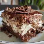 ['Travessa com Palha Italiana Cremosa coberta com chocolate.', 'Close up de Palha Italiana Cremosa na travessa.', 'Camadas de Palha Italiana Cremosa em um prato.', 'Palha Italiana feita com leite condensado e biscoitos.']