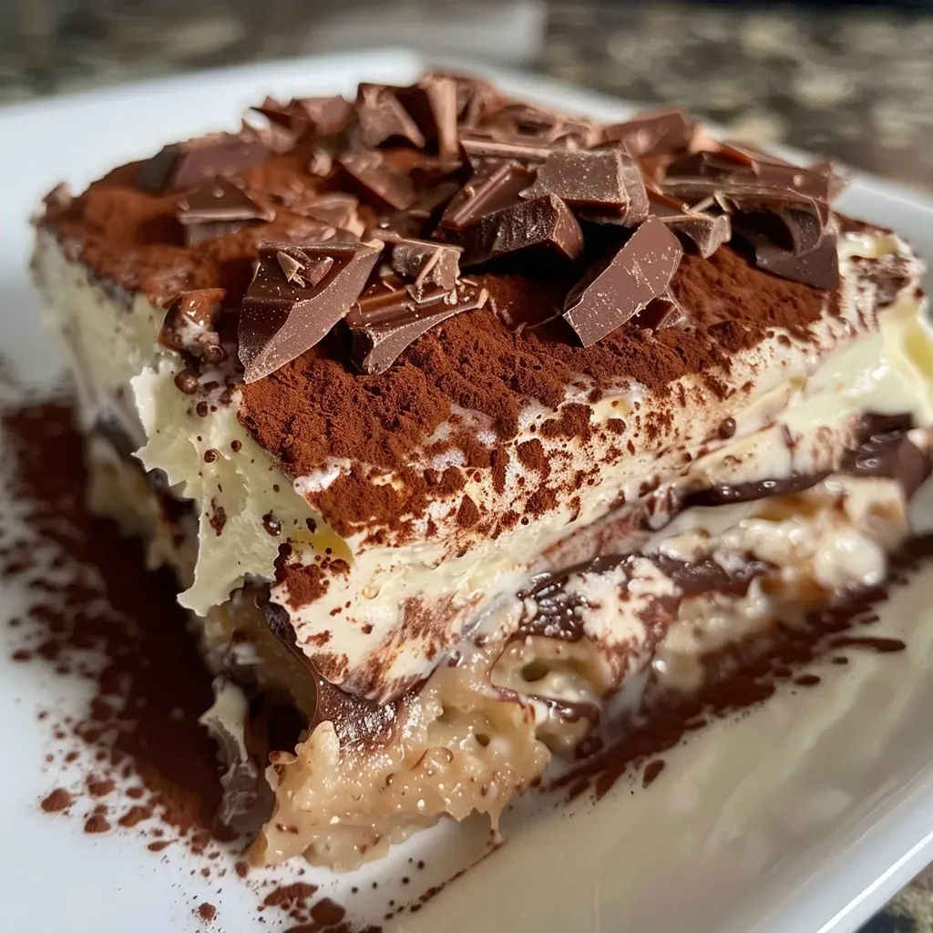 ['Travessa com Palha Italiana Cremosa coberta com chocolate.', 'Close up de Palha Italiana Cremosa na travessa.', 'Camadas de Palha Italiana Cremosa em um prato.', 'Palha Italiana feita com leite condensado e biscoitos.']