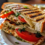 ['Panini de frango grelhado com queijo e vegetais.', 'Sanduíche de Panini de frango com tomate e espinafre.', 'Close-up de um Panini recheado com frango grelhado e queijo.', 'Sanduíche de frango grelhado em uma crosta de pão italiana.']