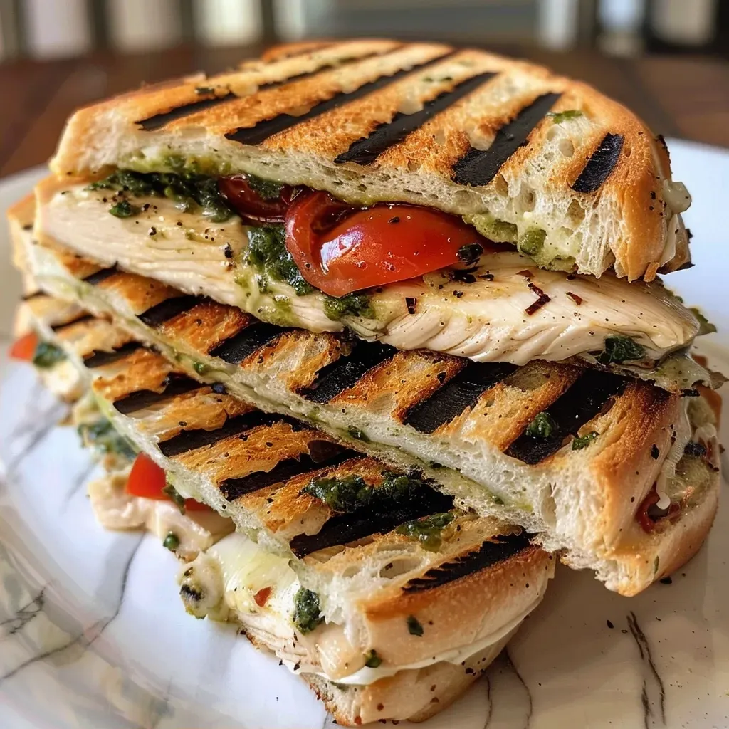 Panini de frango grelhado com queijo e vegetais.