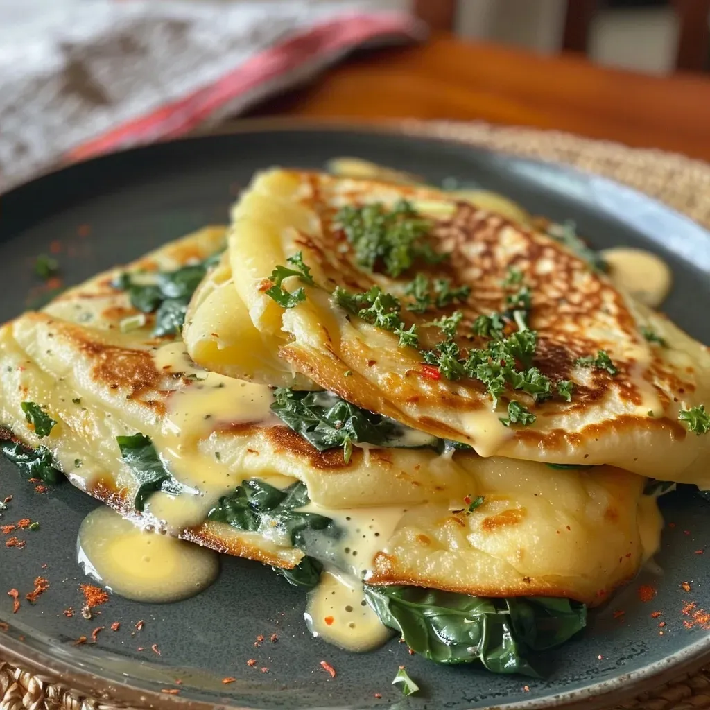 Panqueca de espinafre fina recheada com frango cremoso.