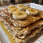 ['Panquecas de aveia com banana, vistas pelo lado, com textura macia.', 'Close-up de panquecas de aveia e banana, destacando a umidade e suavidade.', 'Panquecas de aveia e banana empilhadas, mostrando detalhes da cobertura.', 'Detalhe de panquecas feitas com aveia e banana, com um toque de manteiga derretida.']