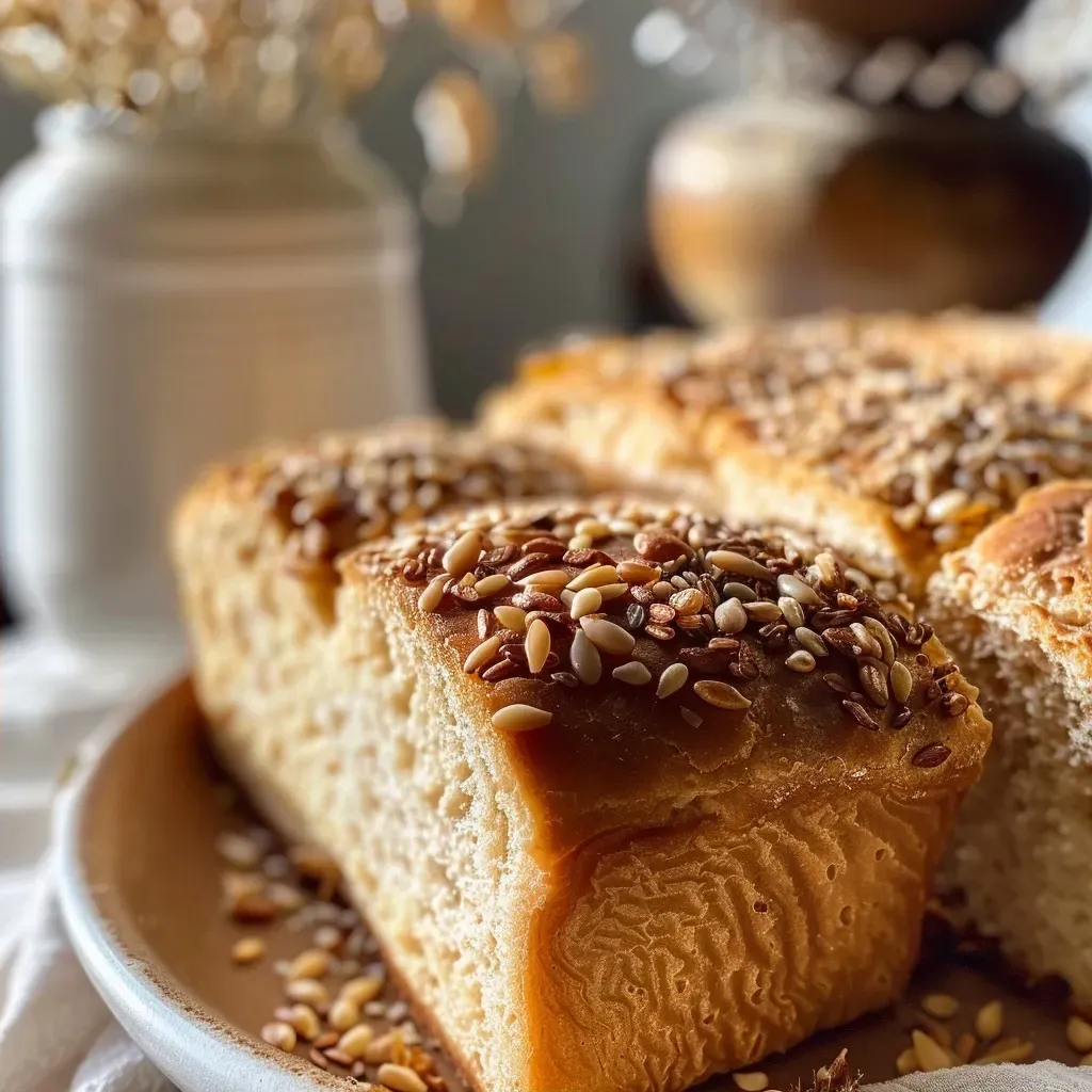 ['Pão de aveia integral com sementes em close no prato.', 'Fatia de pão de aveia integral com sementes, vista lateral.', 'Pão de aveia e sementes recém-assado, mostrando sua textura.', 'Pão de aveia integral com sementes, bem dourado e apetitoso.']