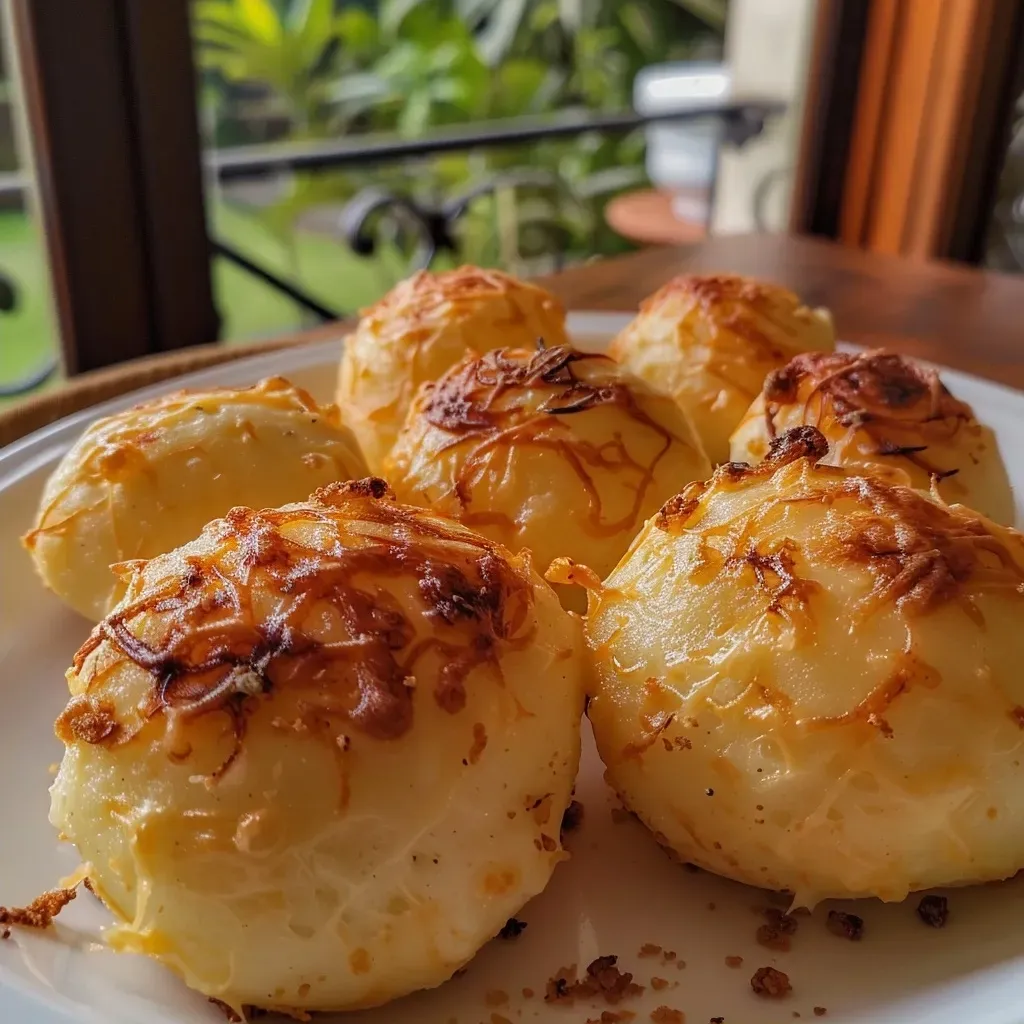 ['Pão de queijo recheado com frango, com textura crocante.', 'Close-up de um pão de queijo com frango desfiado no interior.', 'Pão de queijo cremoso exposto, mostrando o recheio de frango.', 'Pão de queijo com queijo e frango, visto de lado.']