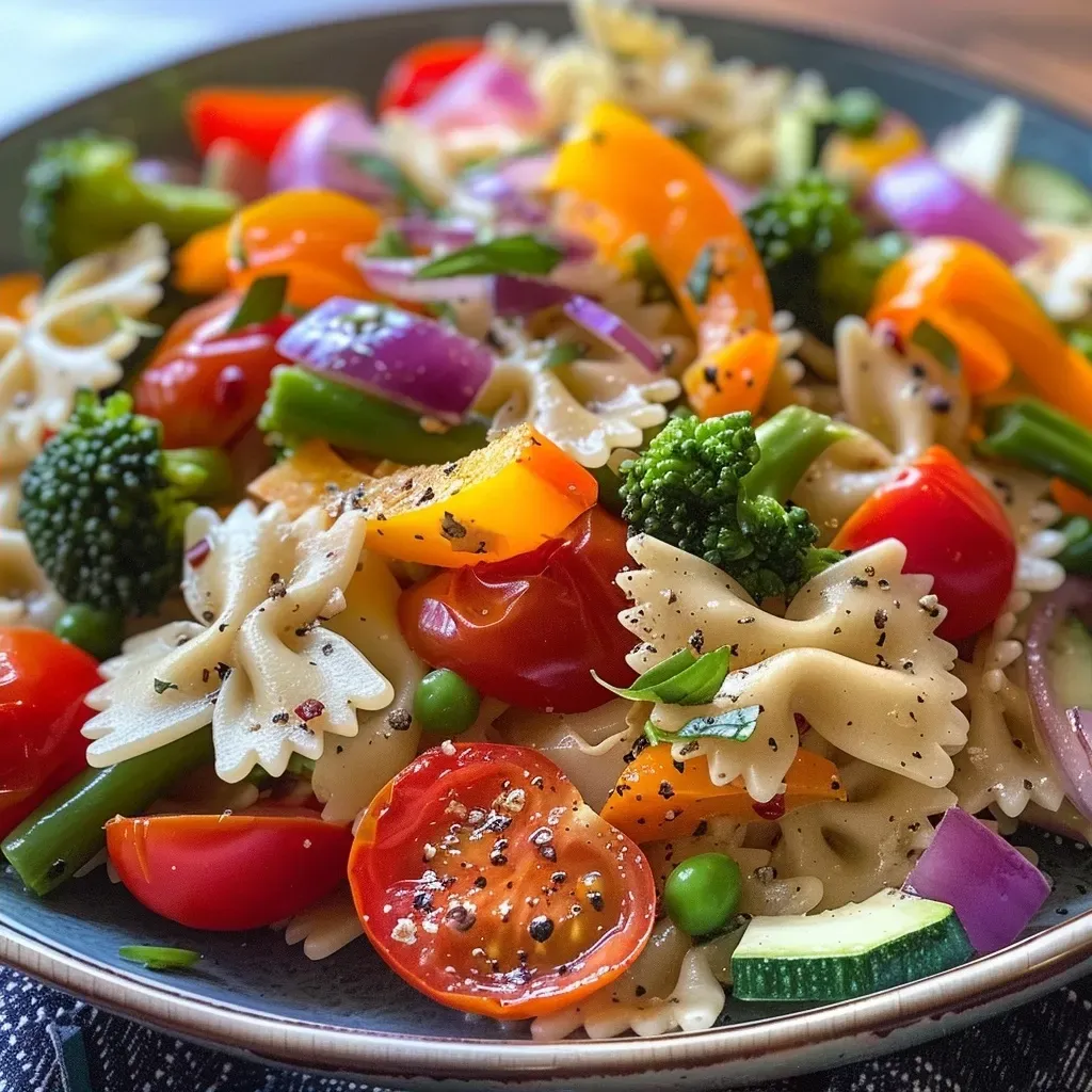 ['Close-up de um prato de Pasta Primavera colorida.', 'Porção de Pasta Primavera com vegetais frescos.', 'Variedade de vegetais sobre massa em um prato.', 'Prato vibrante de Pasta Primavera com ingredientes saudáveis.']