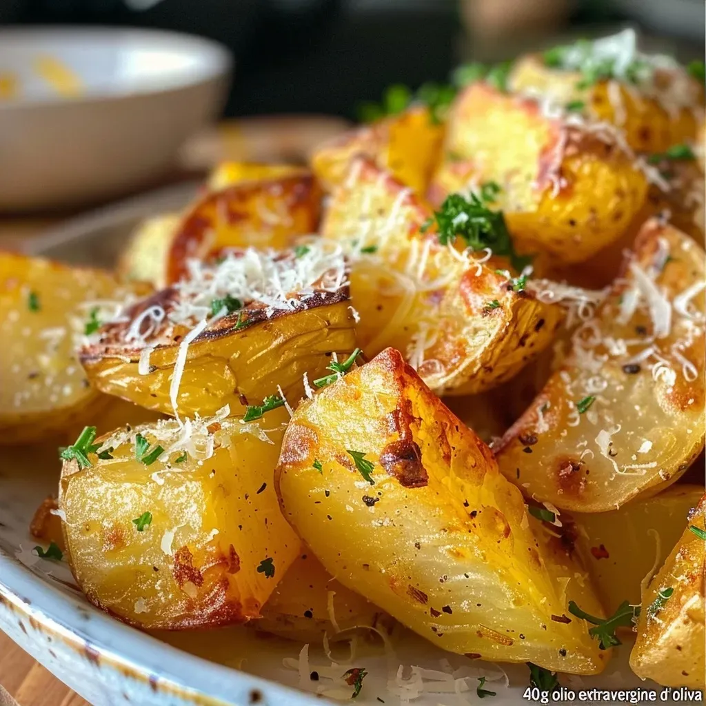 Batatas ao limão com queijo parmesão, apresentadas de lado.