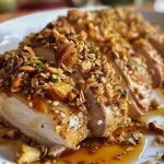 ['Peito de frango empanado com crosta de granola, servido com molho de mostarda.', 'Filé de peito de frango com cobertura crocante de granola ao lado de molho mostarda.', 'Close-up de peito de frango coberto com granola, acompanhado de molho de mostarda.', 'Prato de peito de frango crocante com granola e molho de mostarda em destaque.']