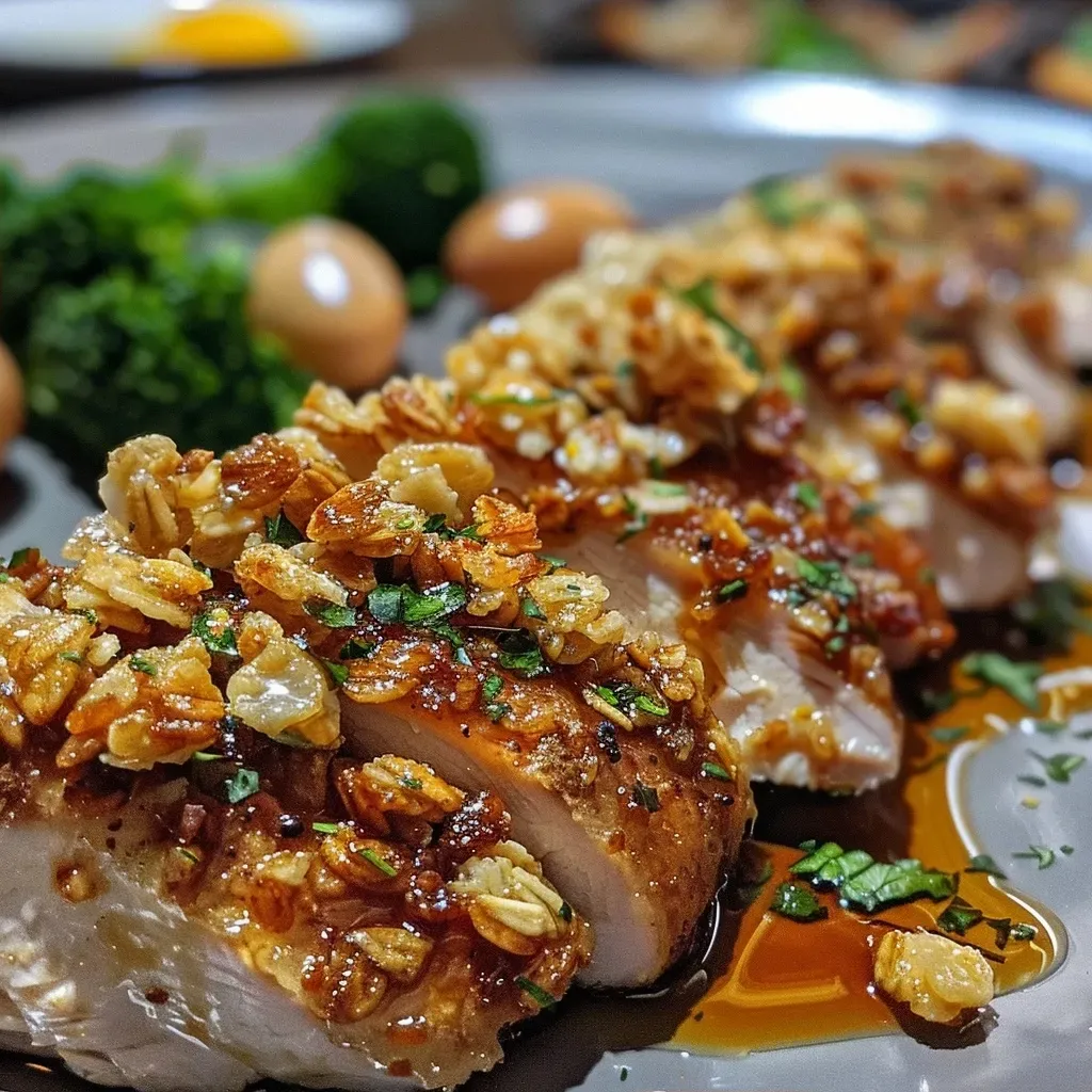 Peito de frango empanado com crosta de granola, servido com molho de mostarda.