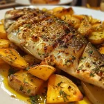 ['Peixe assado com tomate e batatas, visto de lado.', 'Prato de peixe no forno acompanhado de batatas e cebola.', 'Close de peixe assado com molho de tomate e alhos.', 'Peixe suculento assado, servido com batatas e temperos.']