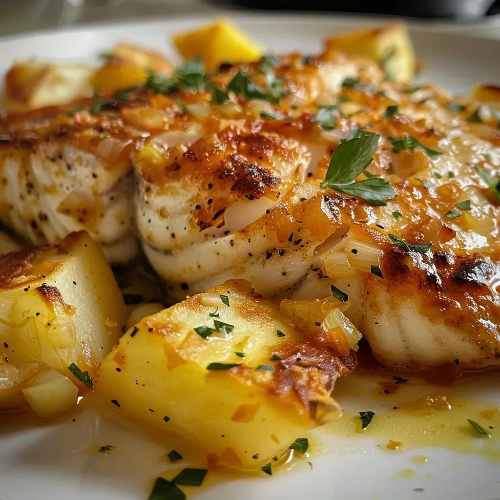 ['Peixe assado com tomate e batatas, visto de lado.', 'Prato de peixe no forno acompanhado de batatas e cebola.', 'Close de peixe assado com molho de tomate e alhos.', 'Peixe suculento assado, servido com batatas e temperos.']