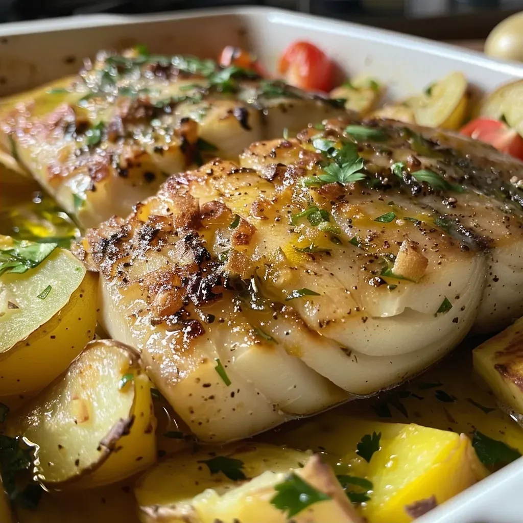 Peixe assado com batatas, tomates e azeitonas.