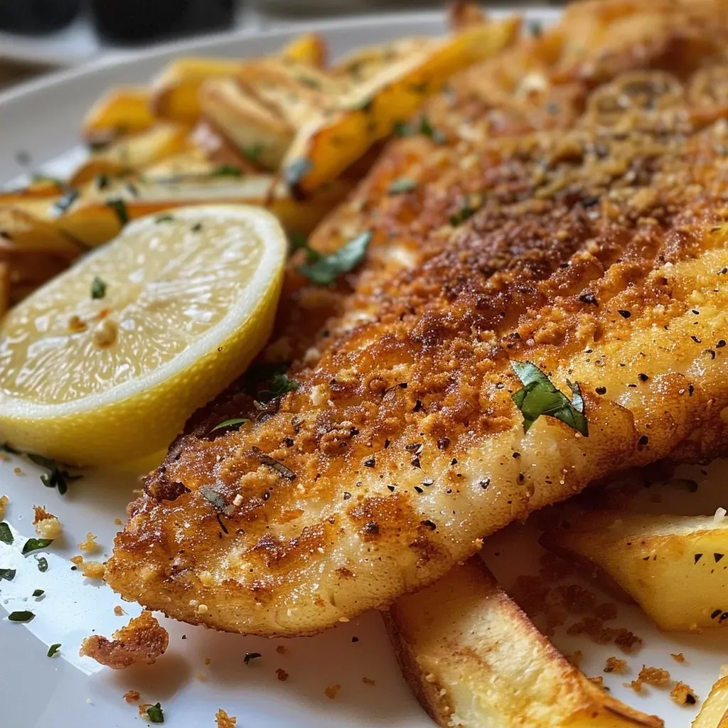 ['Filé de tilápia frito crocante em um prato.', 'Peixe frito com aparência suculenta e temperos visíveis.', 'Porção de peixe frito com uma apresentação apetitosa.', 'Close-up de um filé de tilápia frito dourado e crocante.']