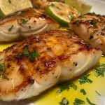 ['Filés de peixe grelhado com molho de limão e ervas frescas.', 'Prato de peixe grelhado decorado com fatias de limão.', 'Close de peixe grelhado com molho de limão e temperos.', 'Filés de tilápia grelhados servidos com molho de limão.']