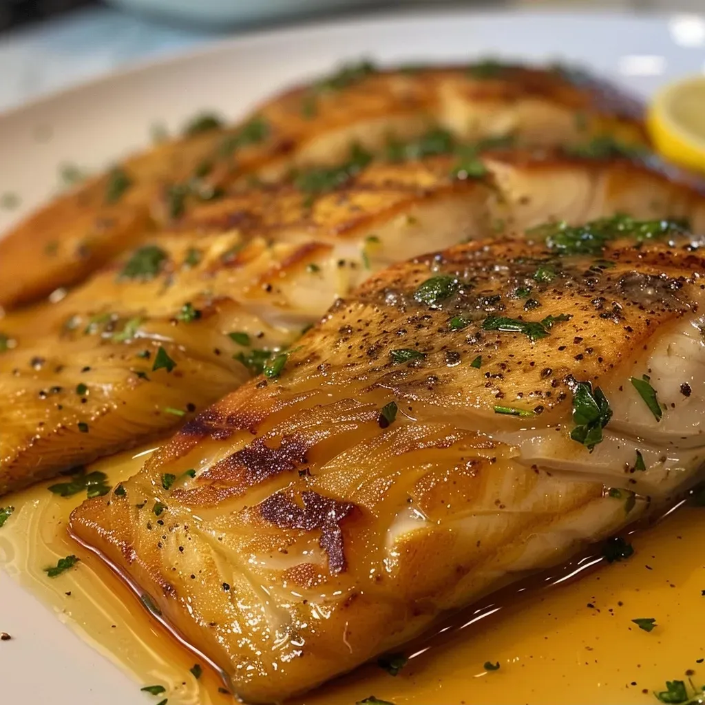 Filés de peixe grelhado com molho de limão e ervas frescas.