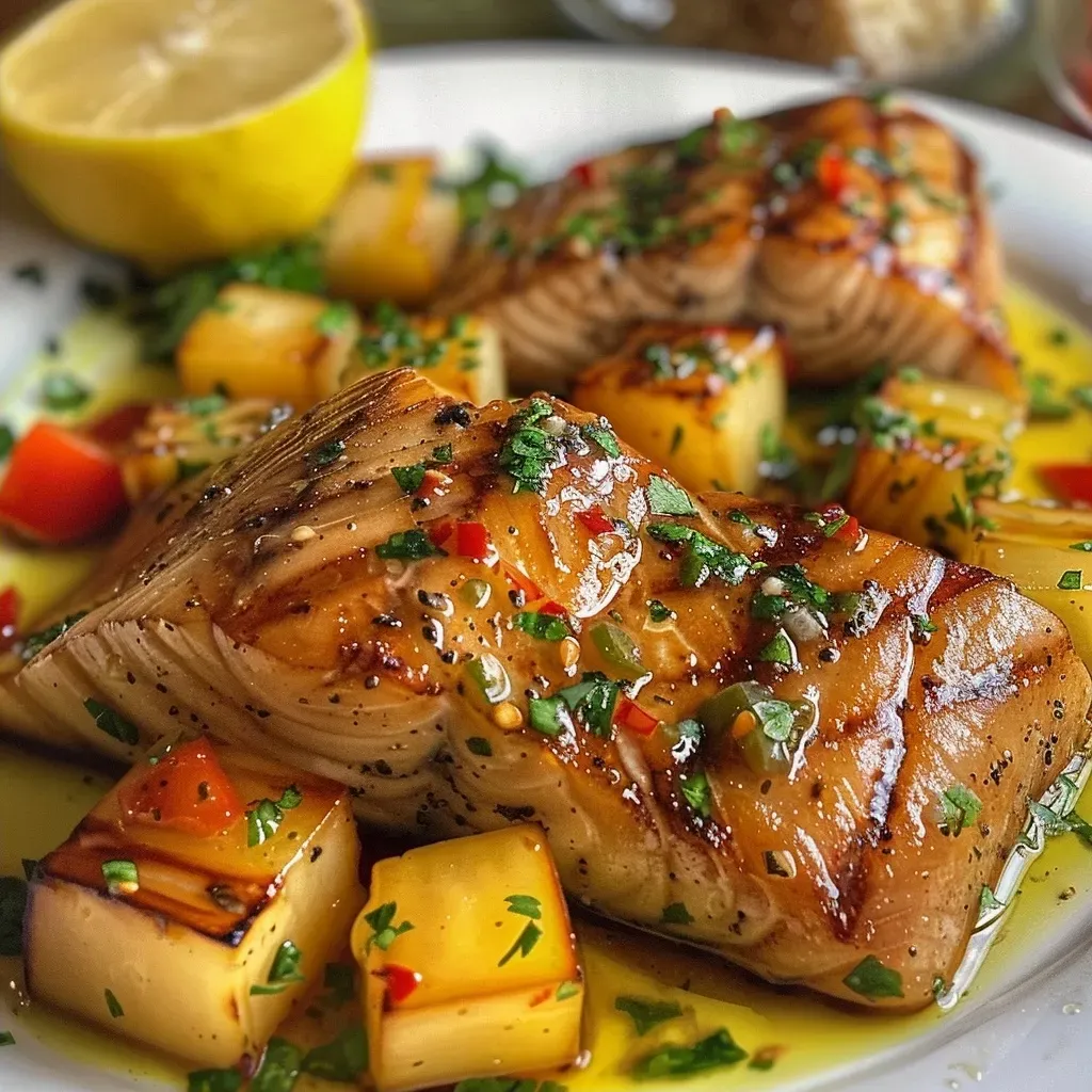 ['Close-up de um prato de Peixe na telha com ingredientes frescos.', 'Prato saboroso de Peixe na telha com guarnições coloridas.', 'Peixe na telha servido com cebola, tomate e temperos.', 'Porção de Peixe na telha em uma telha, mostrando sua suculência.']
