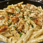 ['Prato de penne alfredo com frango, cremoso e apetitoso.', 'Close-up de um bowl com penne alfredo de frango, molho rico e queijo.', 'Porção de penne alfredo com pedaços de frango, servida em um bowl.', 'Bowl de penne alfredo com frango, decorado com queijo parmesão.']