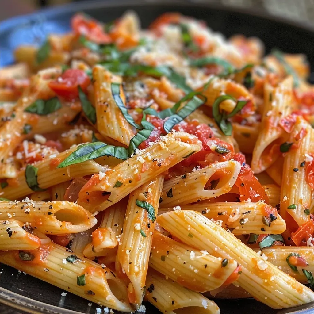 Prato de penne com molho de tomate, alho e ricota.