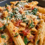 ['Prato de penne rosa cremoso com vegetais frescos.', 'Close-up de penne rosa com molho e espinafre.', 'Porção de penne rosa com tomate e cogumelos.', 'Prato de massa penne rosa com queijo parmesão.']