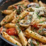 ['Prato de penne rosa com molho cremoso e vegetais frescos.', 'Close-up de penne rosa coberto com parmesão e espinafre.', 'Macarrão penne rosa com tomates e cogumelos.', 'Porção de penne rosa com ingredientes frescos ao fundo.']