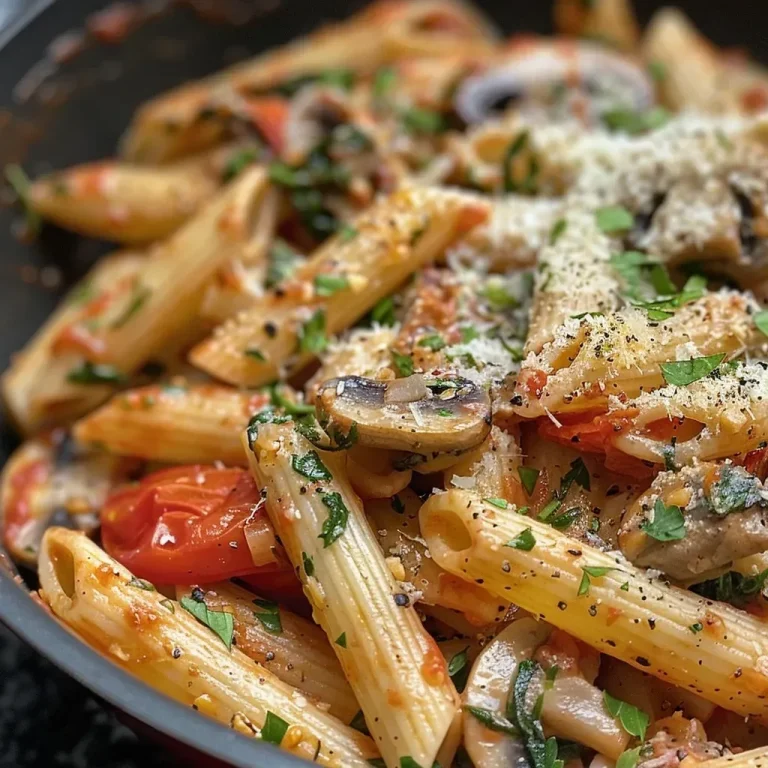 ['Prato de penne rosa com molho cremoso e vegetais frescos.', 'Close-up de penne rosa coberto com parmesão e espinafre.', 'Macarrão penne rosa com tomates e cogumelos.', 'Porção de penne rosa com ingredientes frescos ao fundo.']