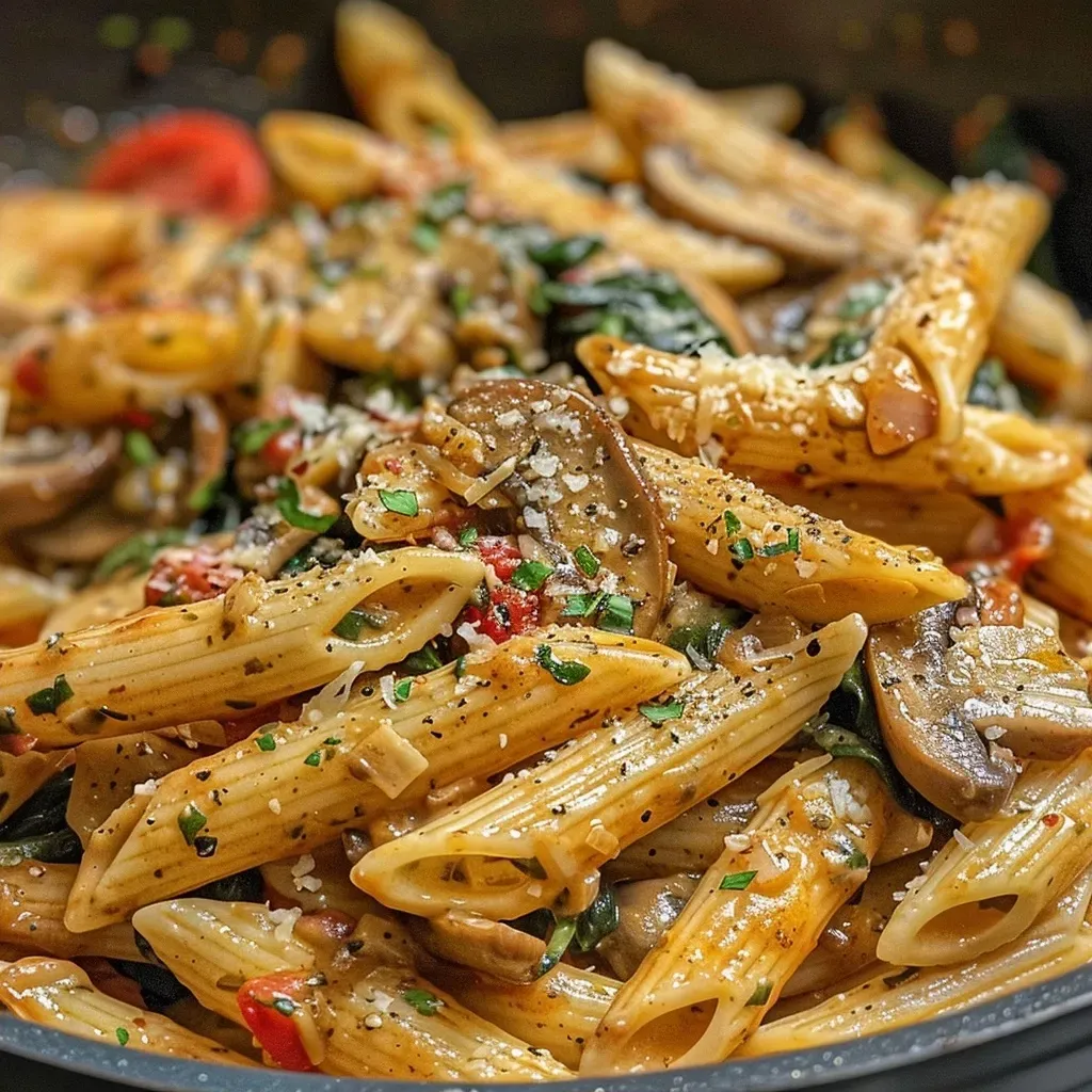 Prato de penne rosa com molho cremoso e vegetais frescos.
