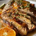 ['Pernil assado ao molho de laranja, suculento e dourado.', 'Close de pernil assado, mostrando o molho de laranja brilhante.', 'Pernil assado com molho de laranja, servido em prato decorativo.', 'Vista lateral de pernil assado, com destaque para o molho de laranja.']