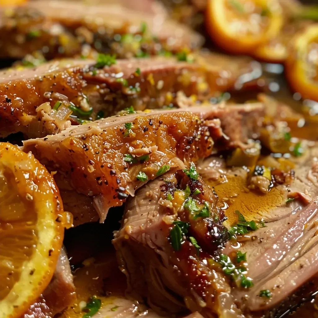 ['Pernil assado ao molho de laranja, suculento e dourado.', 'Close de pernil assado, mostrando o molho de laranja brilhante.', 'Pernil assado com molho de laranja, servido em prato decorativo.', 'Vista lateral de pernil assado, com destaque para o molho de laranja.']