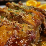 ['Pernil assado dourado e suculento com mel e laranja.', 'Close-up de pernil assado com molho de laranja e mel.', 'Pernil desossado marinado, assado e caramelizado.', 'Prato de pernil com gl glazing de mel e laranja.']