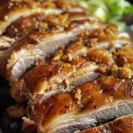 ['Pernil assado dourado com fatias de abacaxi ao redor.', 'Close de um pernil de porco assado, suculento e dourado.', 'Visão lateral de um pernil de porco assado, decorado com ervas.', 'Detalhe de pernil assado, com alho e cebola visíveis.']
