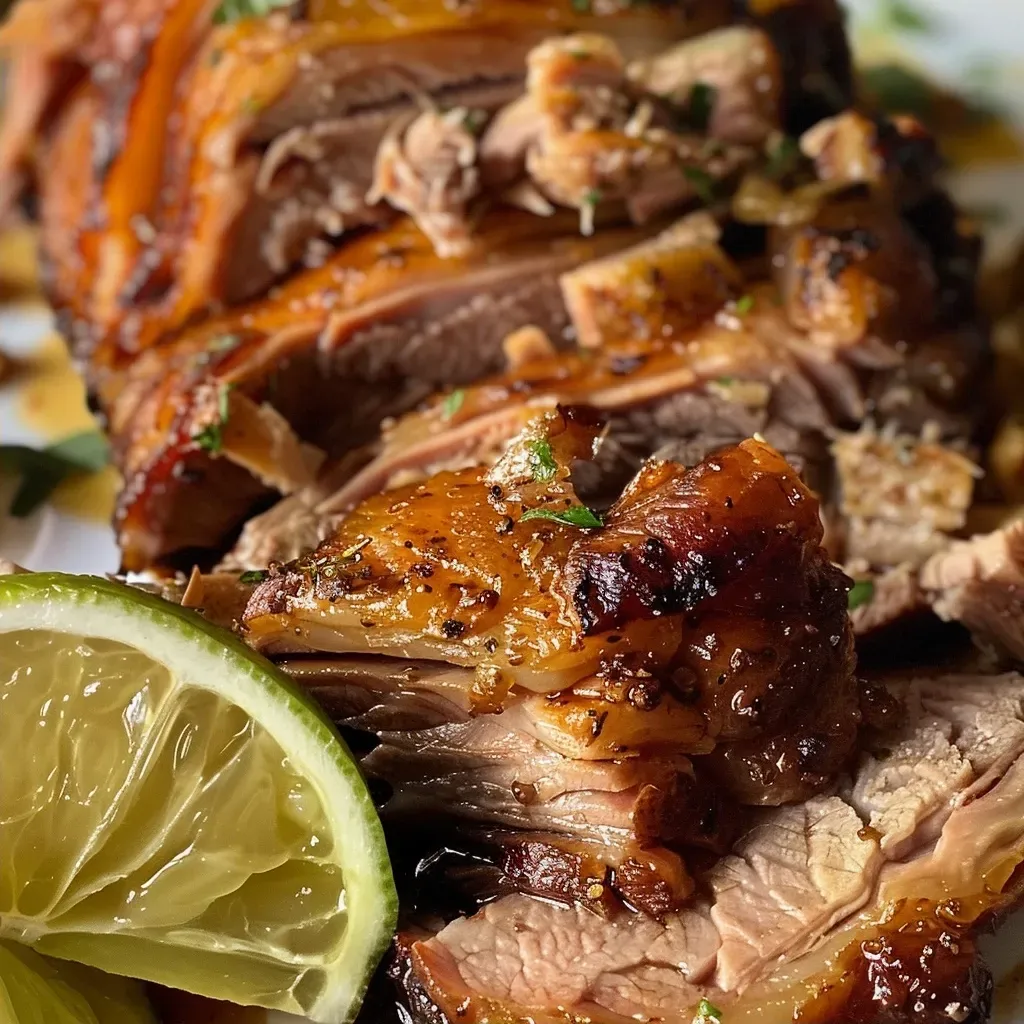 ['Pernil assado dourado com fatias de abacaxi ao redor.', 'Close de um pernil de porco assado, suculento e dourado.', 'Visão lateral de um pernil de porco assado, decorado com ervas.', 'Detalhe de pernil assado, com alho e cebola visíveis.']