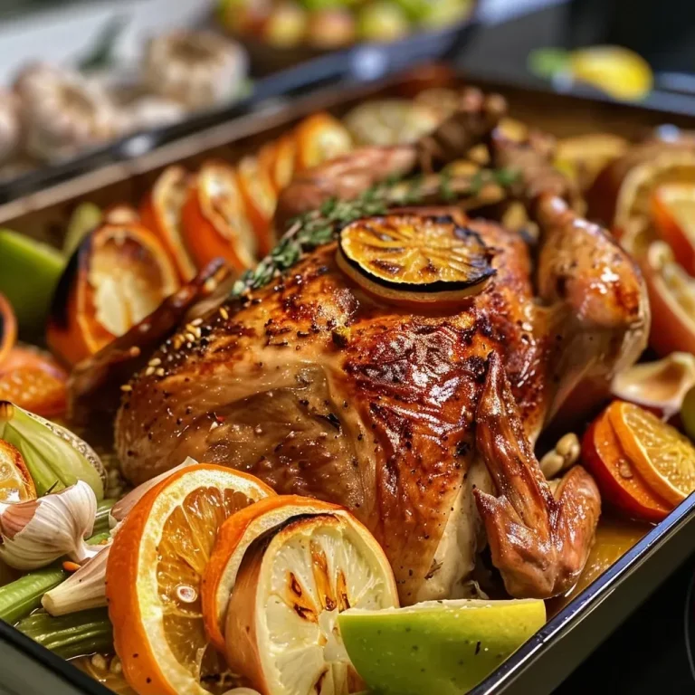 ['Peru assado com mel e cítricos, dourado e suculento.', 'Close de um peru assado com cobertura de mel e frutas cítricas.', 'Vista lateral de um peru assado, brilhante e aromático.', 'Turkey assado em mel com laranja e limão, decorado com ervas.']