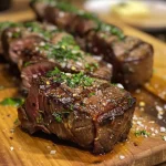 ['Picanha grelhada com manteiga de alho e ervas.', 'Close-up de picanha suculenta na churrasqueira.', 'Picanha com manteiga de alho preparada na grelha.', 'Visualização lateral de picanha grelhada com temperos.']