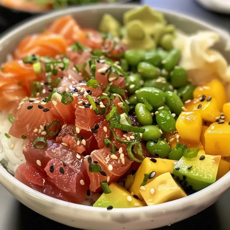 ['Poke Bowl colorido com arroz e ingredientes frescos.', 'Close-up de um Poke Bowl com salmão e verduras.', 'Poke Bowl atraente com abacate e edamame.', 'Poke Bowl decorado com toppings e algas marinhas.']