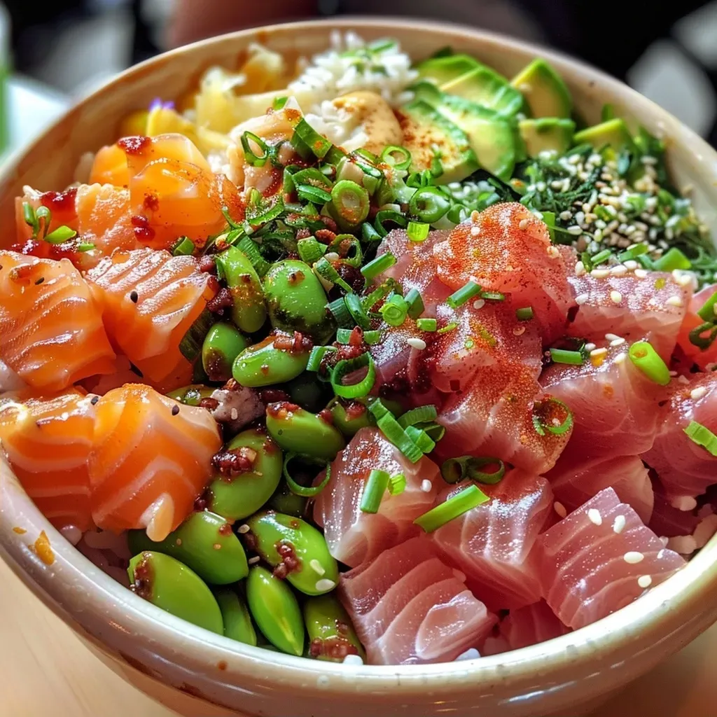 Poke Bowl colorido com arroz e ingredientes frescos.